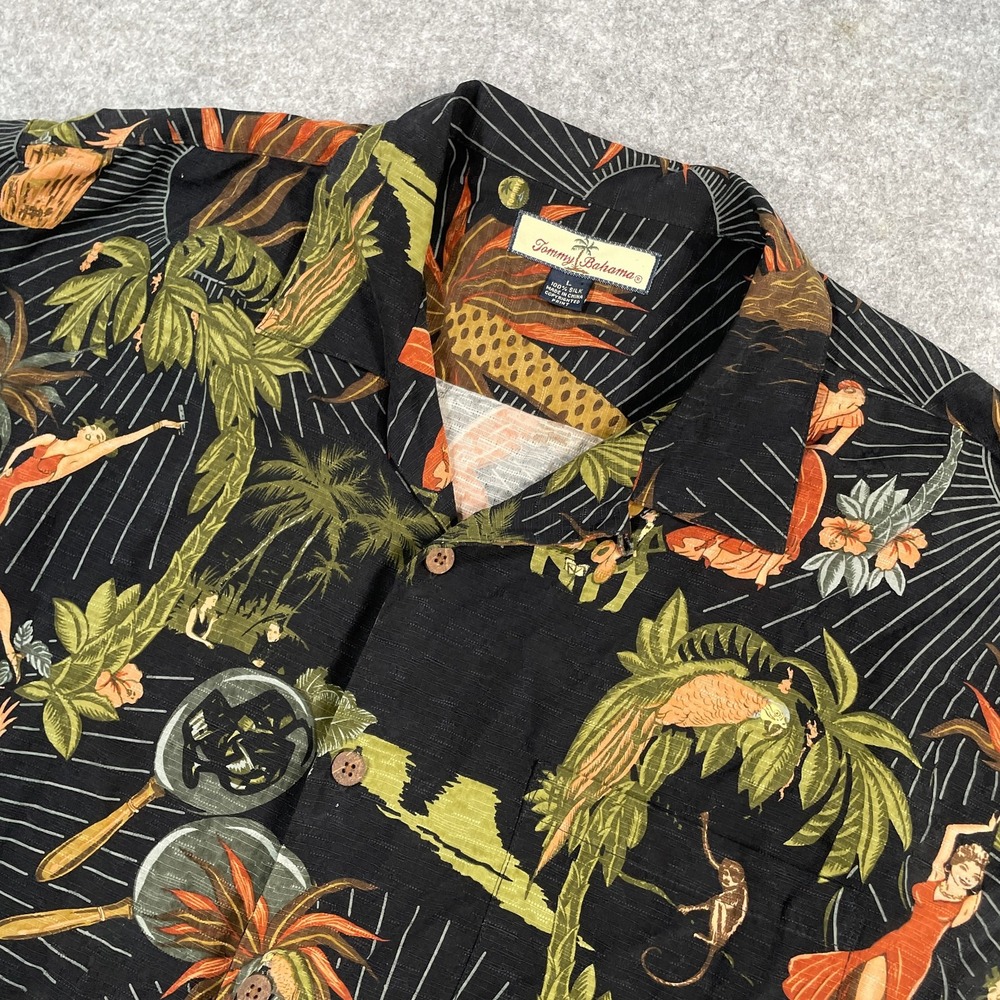 Tommy Bahama Mens Button Down Shirt L Black Silk Hula Girl Tropical Camp Shirt
